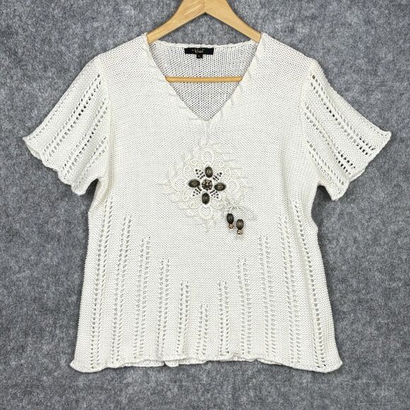 Womens Beaded Artisanal Flare Sleeve Sweater‎ Size XL Open Knit Boho Mixed Media - Picture 1 of 10